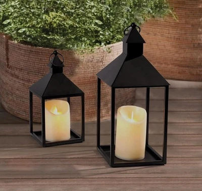 Juego de 2 linternas decorativas para exteriores e interiores de 15” y 11” de metal negro decoración Foto 1 de 3