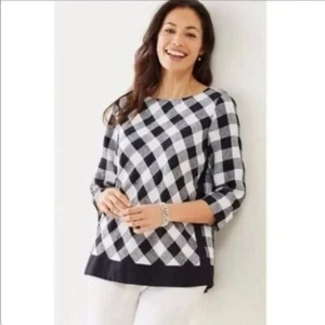 J Jill Love Linen Check Buffalo Plaid Gingham Black and White Top Size Small - Picture 1 of 8