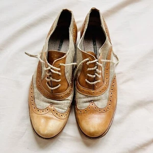 Y2K 00s Pied a Terre Leather Canvas Brogues Size 4 Classic Wooden Rare Luxury - Picture 1 of 8