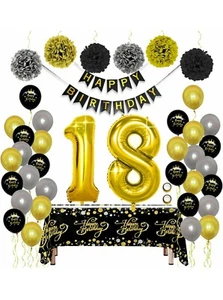 Geburtstagsdeko 18 mit Happy Birthday Banner Luftballon Tischdecke PomPoms Ballo - Bild 1 von 7