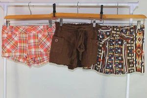 Set of THREE Printed Shorts Pink Plaid Aztec Tribal Brown Paper Bag Loose Tie - Picture 1 of 12