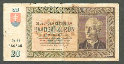 1939 SLOVAKIA 20 KORUN ~ P-5s ~ SPECIMEN ~ VERY SCARCE TYPE - Image 1 of 2