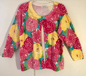 Joseph A Fine Knit Cardigan L(?) 3/4 slv Round neck Pretty floral One snap clos - Picture 1 of 5