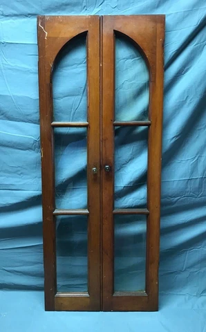 Pair Antique 3 Lite Arched Glass Cabinet Cupboard Window Doors VTG 9x44 910-22B Cover
