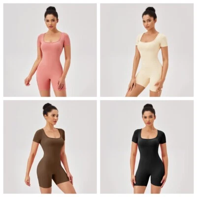 Women Tight Jumpsuit Elastic Sports Running Yoga Fitness Short Sleeve Jumpsuit - Image 1 of 3