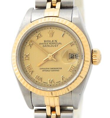 Rolex Datejust Mujer 18K Oro Amarillo Reloj de Acero Jubilee Banda Romano Esfera