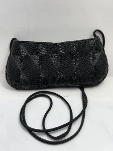 Diamond pattern Elegant Black Beaded Evening Bag zipper handbag & shoulder strap - Picture 1 of 4
