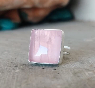 Adjustable Rose Quartz Gemstone Ring Solid 925 Sterling Silver All Size MO** - Image 1 of 4