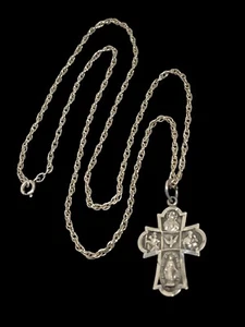 Vintage STERLING “TRINITY CROSS MEDAL” PENDANT CHAIN NECKLACE-Catholic Estate - Picture 1 of 6