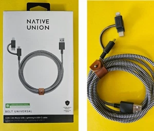 Native Union Belt Cable 6.5' USB-C/Lightning/Micro to USB “MFi-Certified” Zebra - Picture 1 of 4