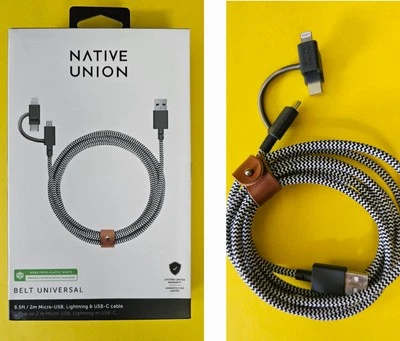 Native Union Belt Cable 6.5' USB-C/Lightning/Micro to USB “MFi-Certified” Zebra - Image 1 of 4