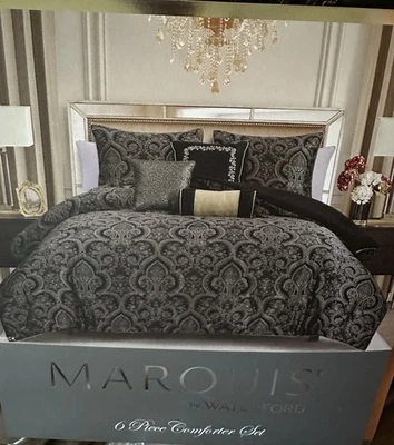 NIP Marquis By Waterford Carrick Black Gold Jacquard King Comforter Set 6pc - Image 1 of 4