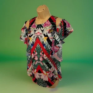 Gibson Latimer Festive Top Size S Cold Shoulder Short Sleeve Colorful Polyester - Picture 1 of 17
