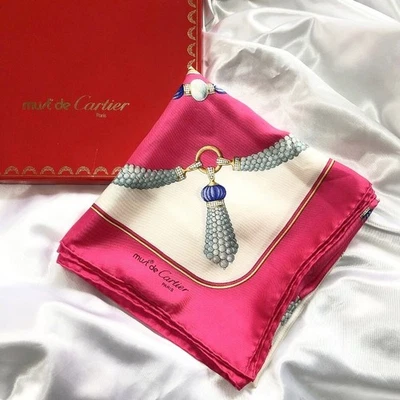 Cartier Bufanda de Seda Rosa Blanco Azul Grande Cuadrada Para Mujer De Colección Auténtica Excelente Foto 1 de 4
