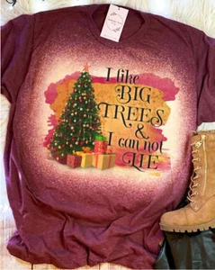 I Like Big Trees & I Can Not Lie Christmas Bleached Dye Canvas Girlie T Shirt - Picture 1 of 2