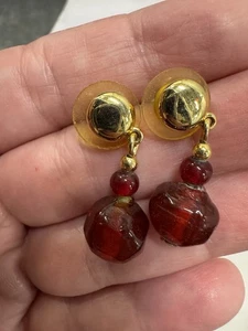 Vintage Gold Tone Post Dangle Earrings With Red Beads - Picture 1 of 2