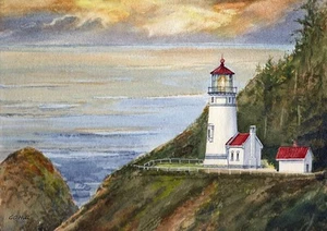 Faro Heceta Head atardecer, Yachats Oregon. Impresiones artísticas en acuarela de Gerald Hill - Imagen 1 de 2