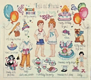 Muñecas de papel niño y niña - Vamos a una fiesta - Kit de punto de cruz tejido uniforme de 28 quilates - Imagen 1 de 3