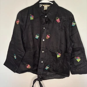 RICHARD MALCOM große schwarze Bluse 100 % irisches Leinen bestickt Taillenband - Bild 1 von 8