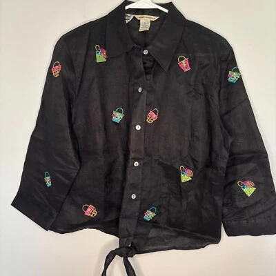 Blusa negra con corbata bordada 100 % lino irlandés grande de Richard Malcom para mujer Foto 1 de 4