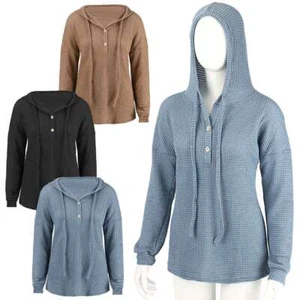 Womens Ladies Plain Long Sleeve Knitted Hoodies Jumper Hooded Pullover Tops US - Picture 1 of 15