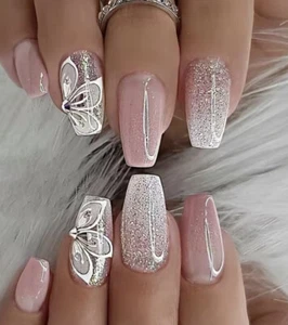 24 Piece Coffin Shaped Pink Glitter Flower Press Ons Fake Nails Glossy - Picture 1 of 5