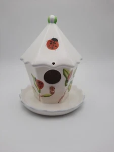 Birdhouse Hanging Birdfeeder Ceramic White With Green Leaves And Ladybugs - Picture 1 of 6