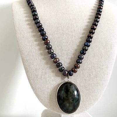 925 Sterling Silver Vintage Big Genuine Black Pearl Large Labradorite Necklace - Image 1 of 4