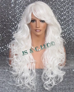 Lange Echthaar Mischung Vollperücke Lockiger Pony Hitze OK Weiß WBT - Bild 1 von 6