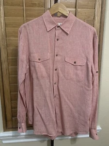 Jos. A Bank Men’s L/S Linen Button Up Shirt Roll Tab Orange/White Check Size M - Picture 1 of 5