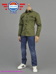 【FREE SHIPPING】1/6 GREEN Long Sleeves Shirt Blue Jeans for 12" MALE Figure - Picture 1 of 5