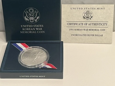 Korean War Memorial US Mint 1991 D 90% Silver Dollar Uncirculated $1 Coin COA Cover