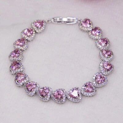 New 8mm Love Heart Pink Topaz Gemstone Fashion Women Girl Charm Silver Bracelet - Image 1 of 4
