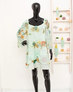ELISA CAVALETTI Tulle Mesh Tunic Dress Green Floral Layered Embellished XL - Picture 1 of 9