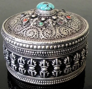 Tibetan Silver Filigree Trinket Dorje Jewelry Box Turquoise Stone Treasure Nepal - Picture 1 of 3