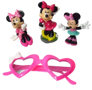 3 Disney Minnie Mouse PVC Figures And Minnie Heart Shaped Kids Glasses - Picture 1 of 8