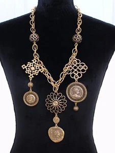 Oscar de la Renta Coin-Portrait Medallion Necklace Gold-tone & Pewter - Picture 1 of 12