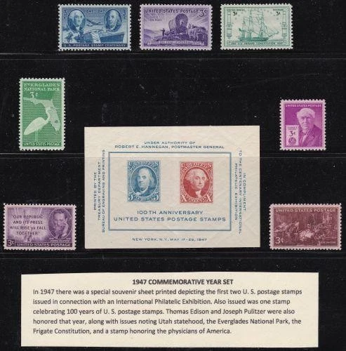 U S 1947 Commemorative Year Set (7 stamps, 1 ss) Mint Never Hinged - Image 1 of 1
