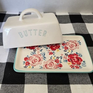 Butterdose und Deckel mit Henkel schönes florales Design BUTTER Spruch - Bild 1 von 8