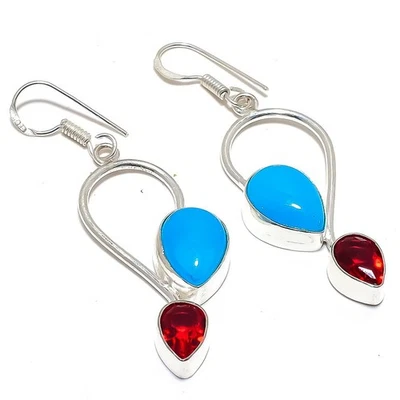 Pendiente de joyería enchapado en plata con piedras preciosas de ónix azul y granate 2,4" S2614 Foto 1 de 4