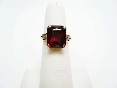 Retro 10k Gold Lab Created Ruby Ring Diamond Accents Size 5 - Image 1 of 4