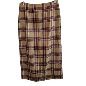 Vintage Plaid Skirt Womens Size 10 Beige 80s Midi Pencil Preppy Academia Twee - Picture 1 of 10