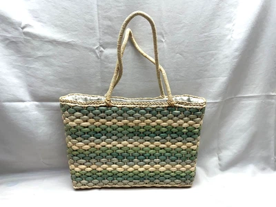 Bolso de Mano Tejido de Paja con Forro, Bolso de Playa de Verano a Rayas Verdes y Naturales Grande Foto 1 de 4