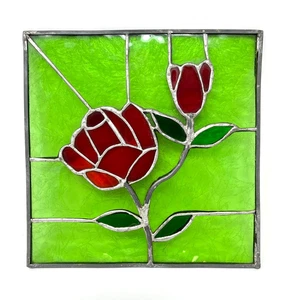 Vintage Double Sided Window Stain Glass Flower Rose Red Green Square Suncatcher - Picture 1 of 5