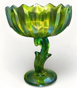Vintage Indiana Carnival Glass Valtec Lime Lotus Blossom Pedestal Compote Bowl - Picture 1 of 9
