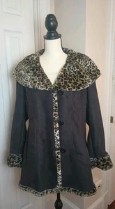 Jones New York Sz XL Faux Suede Faux Fur Jacket Leopard Stole Black Mob Wife  - Picture 1 of 12