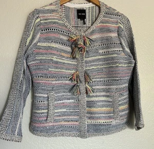 Nic & Zoe Woven Crop Jacket Sweater Top Blue Multi Fringe Sz M Gently Used - Picture 1 of 9
