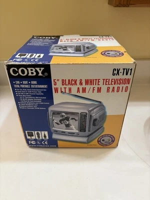 Coby CX-TV1 Portable 5” Black & White CRT TV AM/FM Radio New Open Box w/Adapters - Image 1 of 3
