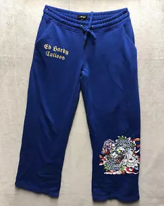 Ed Hardy Women’s Sweat Pants Size Small Blue Tattoos Dragon Blue YTK Stained - Picture 1 of 21