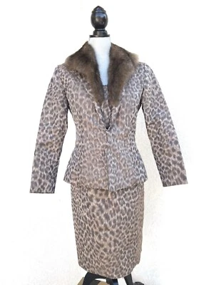 Roland Nivelais Chaqueta de Seda/Cuello de Piel Extraíble Conjunto de Vestido Estampado de Leopardo Talla 12 Foto 1 de 4
